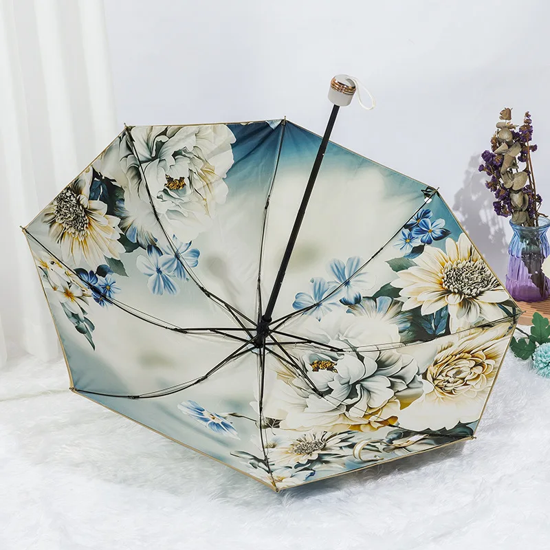 

Vintage Floral Umbrella Sunny and Rainny Three-folding Umbrellas Wind Stand Rainproof Sun Block Summer Umbrella