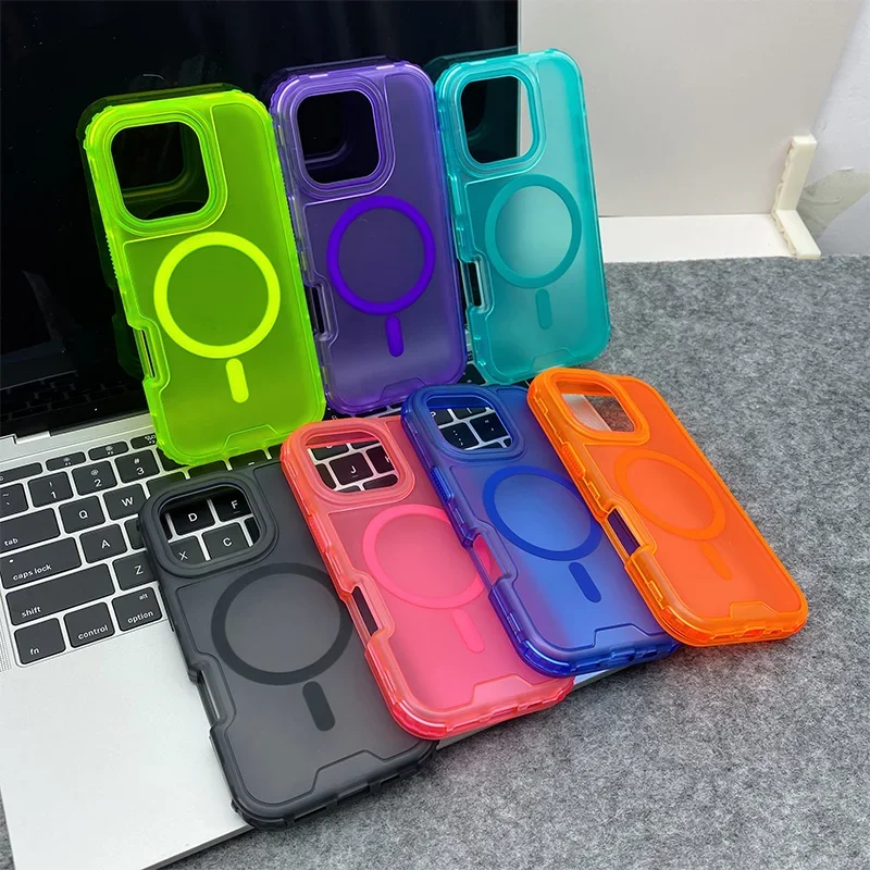 Neon Color Bumper Shockproof MagSafe Phone Case For iPhone 17 16pro max 14 15 Pro 13 11 12 Wireless Charging Frosted Armor Cover 6