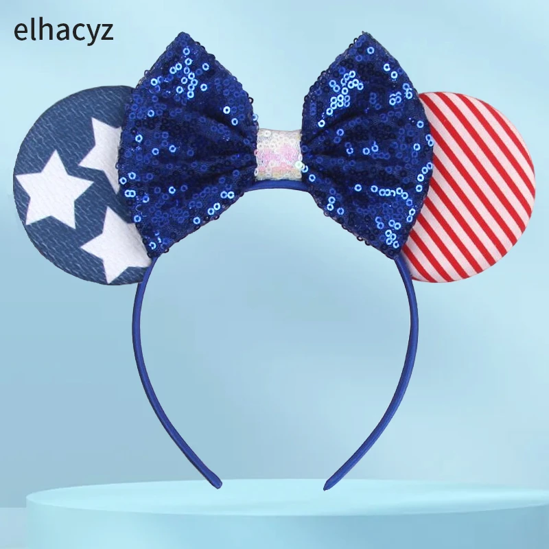 Classic 4th July Mouse Ears Headband Flag Print Women Independence Day Hairband Girls Festival Sequin Bow DIY Hair Accessories