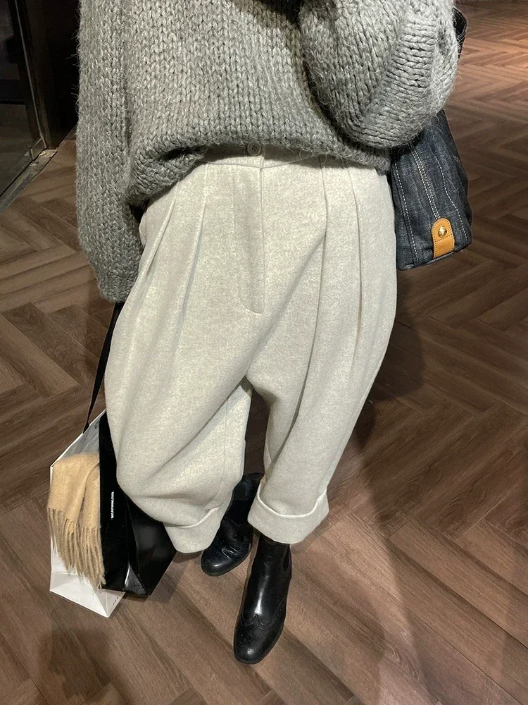 Chic Women Casual Loose Pockets Woolen Suit Pants Autumn Winter High Waist Thicken Korean Ladies Solid Harem Trousers women suit pants