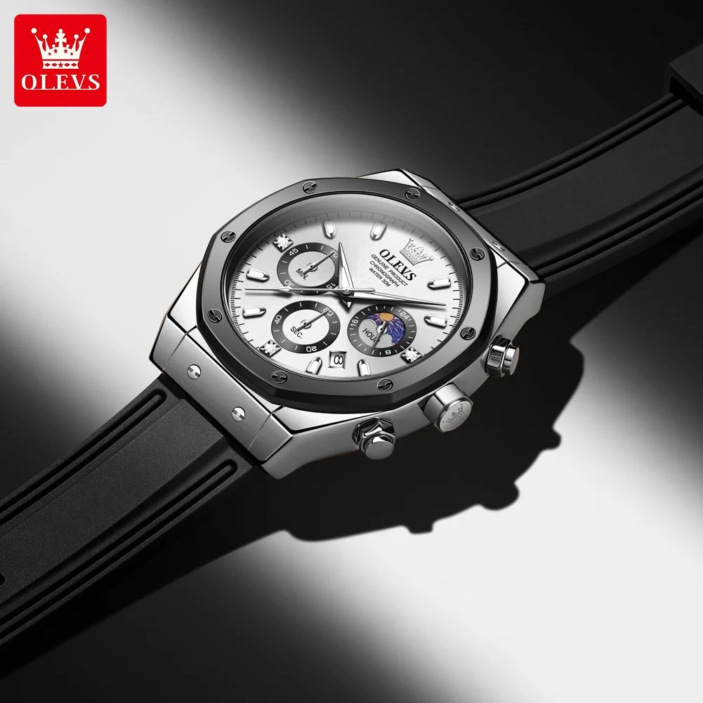 OLEVS 9911 Original Quartz Watches For Men Fashion Silicone Strap 24 Hour Moon Phase Waterproof Chronograph Top Luxury Man Watch