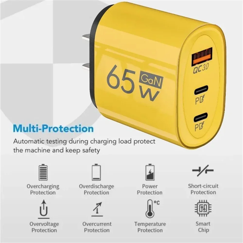 65W GaN USB Fast Charging Charger Quick Charger 3.0 Wall Adapter for iPhone 16 15 Pro Max Samsung Xiaomi 15 Mobile Phone Charger