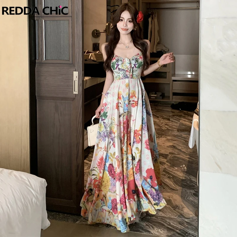 

REDDACHiC Holiday Flowy Chiffon Long Cami Dress Women Twist Bandage V-neck Ruffle Bohemian Print Flower Dress Casual Beachwear