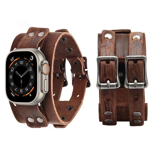 Bracelet en cuir véritable pour bracelet de montre Apple 44mm 40mm 45mm 46mm 49mm, Double boucle en métal, série iWatch Ultra 3/11/10/SE3 1