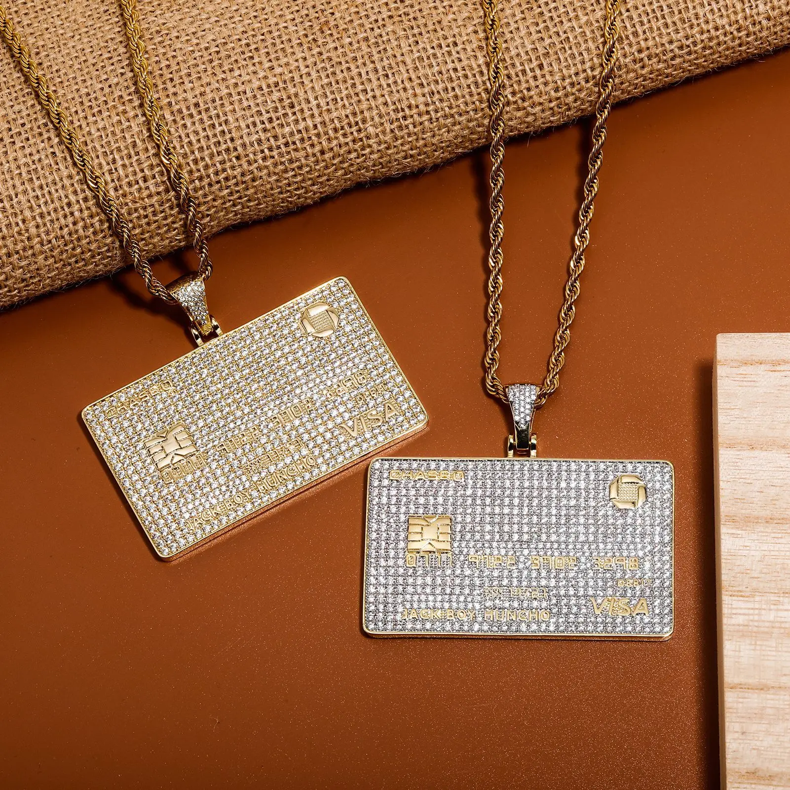 

New Hip Hop Bling Ice Out Customized Name Laser Letters VISA Credit Card Square Pendants Necklaces for Men Rapper Jewelry