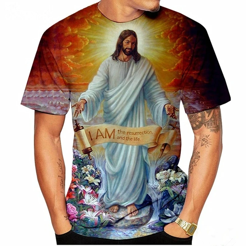 

2023 Summer Jesus Religious 3D Printing T Shirt For Men Harajuku God Cartoon T-Shirt Religious Beliefs Fashion Casual Apparel