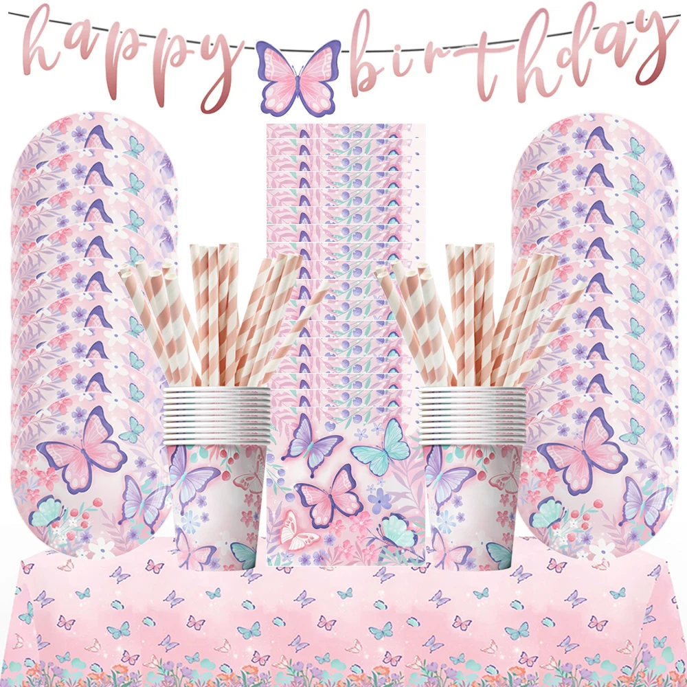 Butterfly Girls Birthday Party Disposable Tableware Fairy Pink Paper Plates Cups Napkin Tablecloth Birthday Party Decorations birthday tableware set birthday party supplies party supplies disposable tablecloth