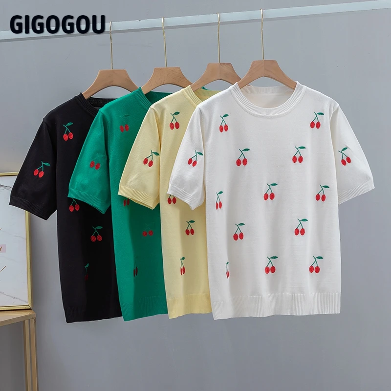 GIGOGOU вишневая вышивка женская летняя футболка модная базовая свободная с
