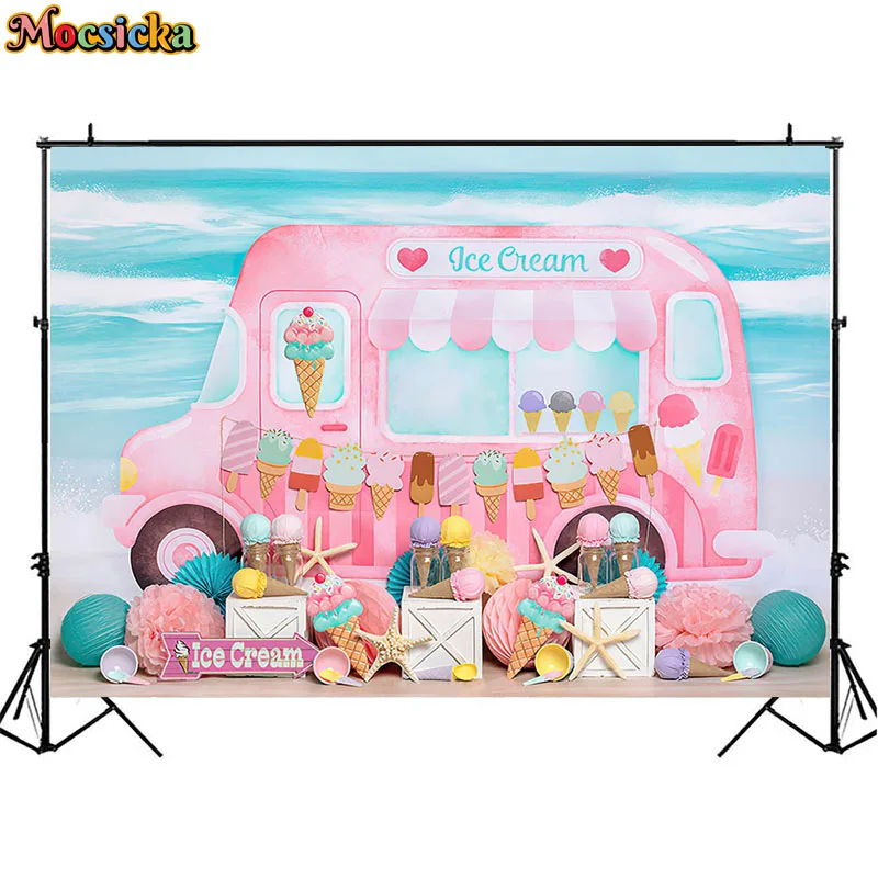 Verão Rosa Sorvete Caminhão Fotografia Backdrop Cone Sobremesa Decoração Crianças Aniversário Festa Bolo Smash Fundo Photo Studio Props - Image 3