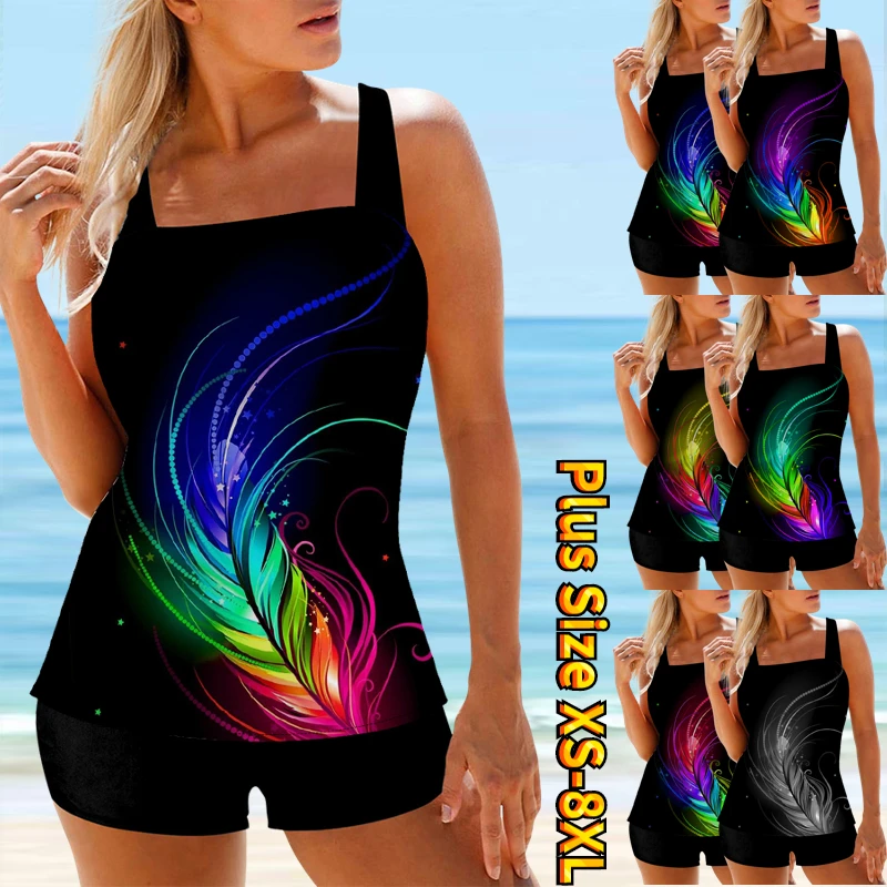 

2023 New Summer Women Retro 3D Print Beachwear Swimsuit Female Backless Sling Bathing Suit Female High Waist Two Piece Tankini