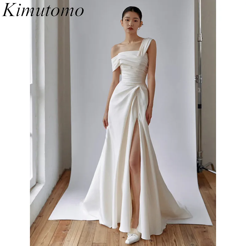 

Kimutomo с вырезом "лодочка" атласное свадебное платье, плиссированный дизайн с открытыми плечами, разрезами, женские платья макси с простым дизайном