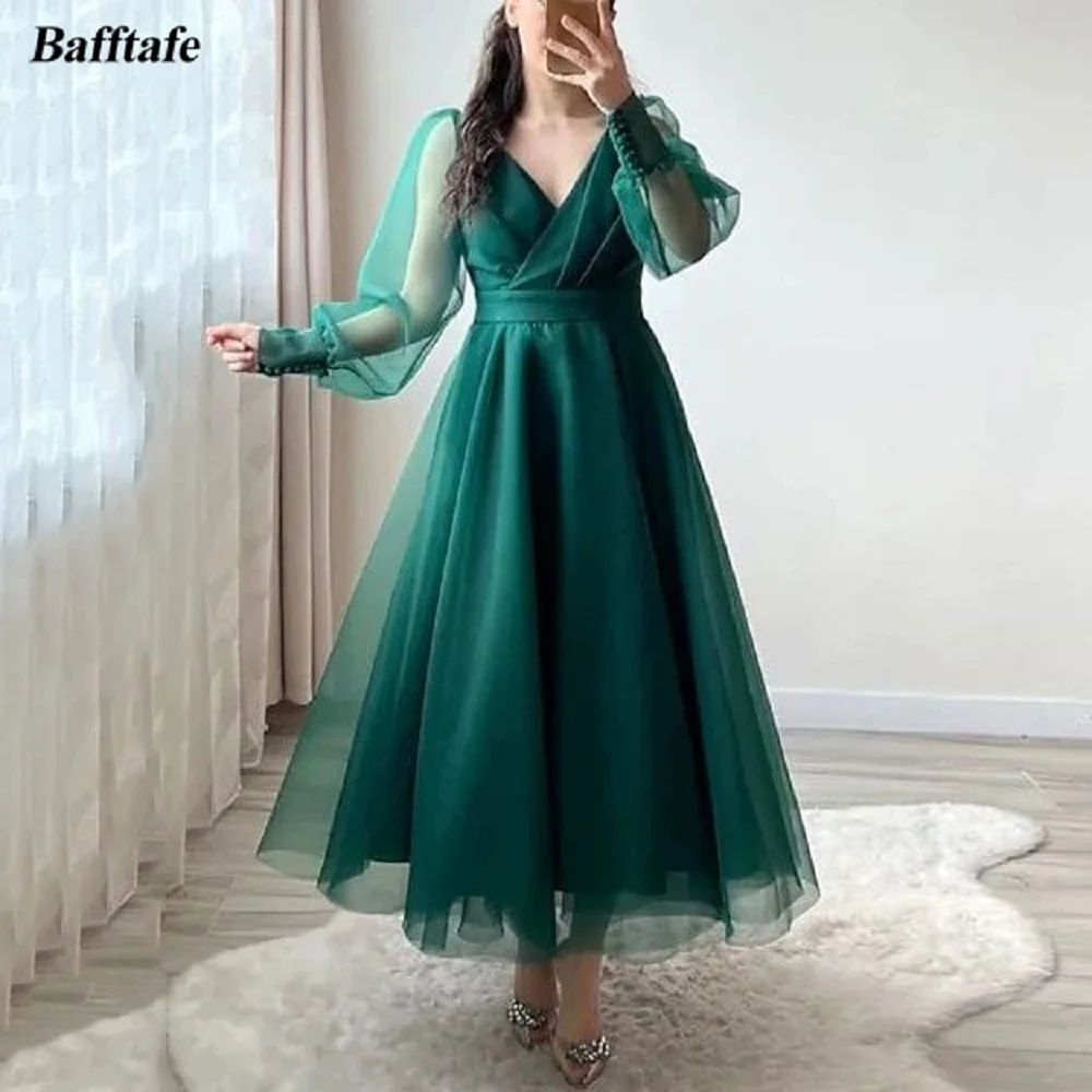 

Bafftafe Simple Green Puff Long Sleeves Prom Dresses Ankle Length Midi Formal Event Party Dress Girl Dance Homecoming Gowns