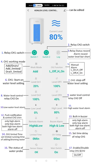 KONLEN Tuya Tank Water Level Sensor Controller Monitor WIFI Automatic Flood Leak Alarm Detector Smart Life Leakage Protection 3