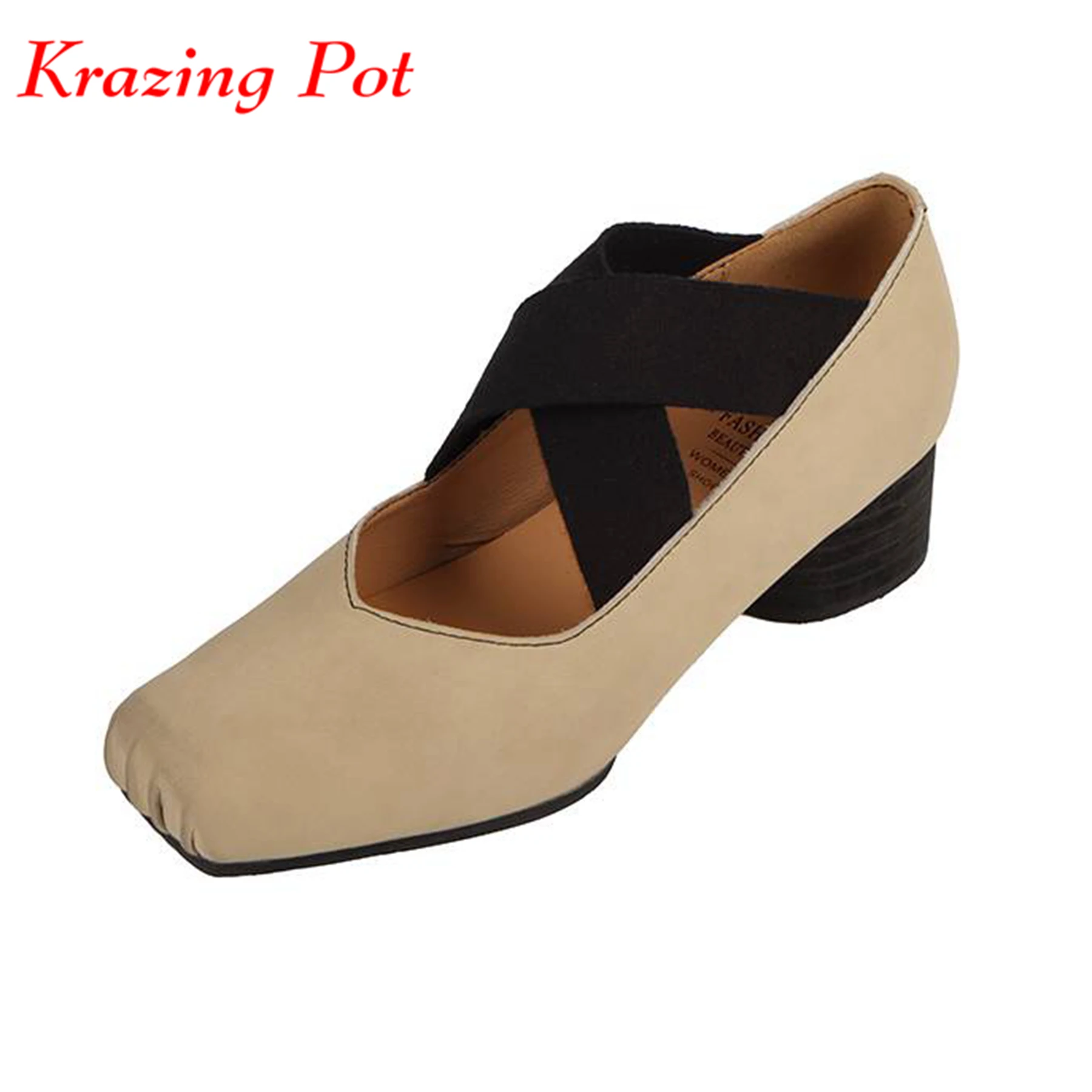 

Krazing Pot New Cow Leather Med Heels Spring Brand Shoes Slip On Ballet Shoes Square Toe Street Wear Elegant Women Shallow Pumps