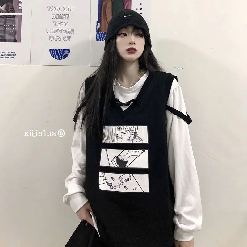 Korean Cool Girl Black White T-Shirt Vest Two Piece Women Ins Fashion Spring Autumn Super Fire Loose Casual Long Sleeved 2023