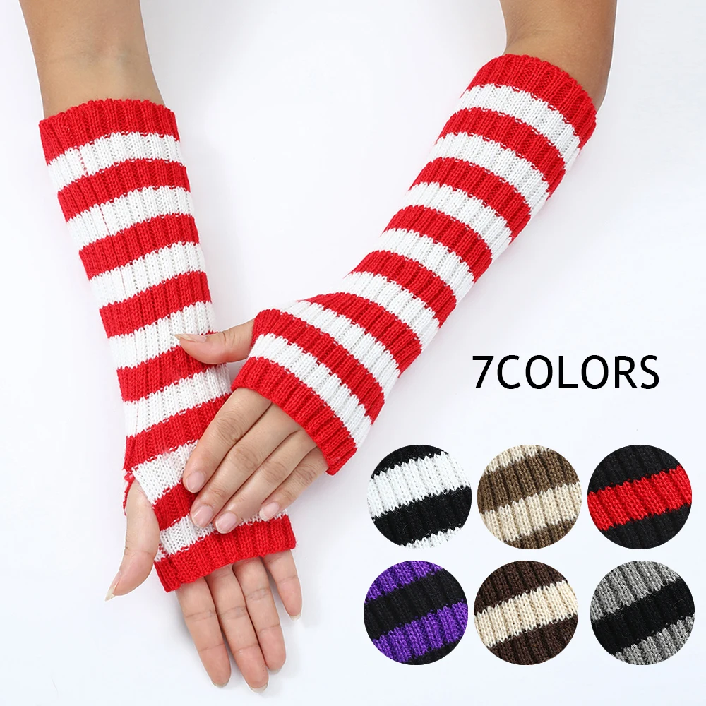 

Arm Sleeves Knitted Arm Sleeves Long Striped Fingerless Gloves Winter Gothic Lolita Arm Warmers Sleeve Covers Wool Elbow Mitten