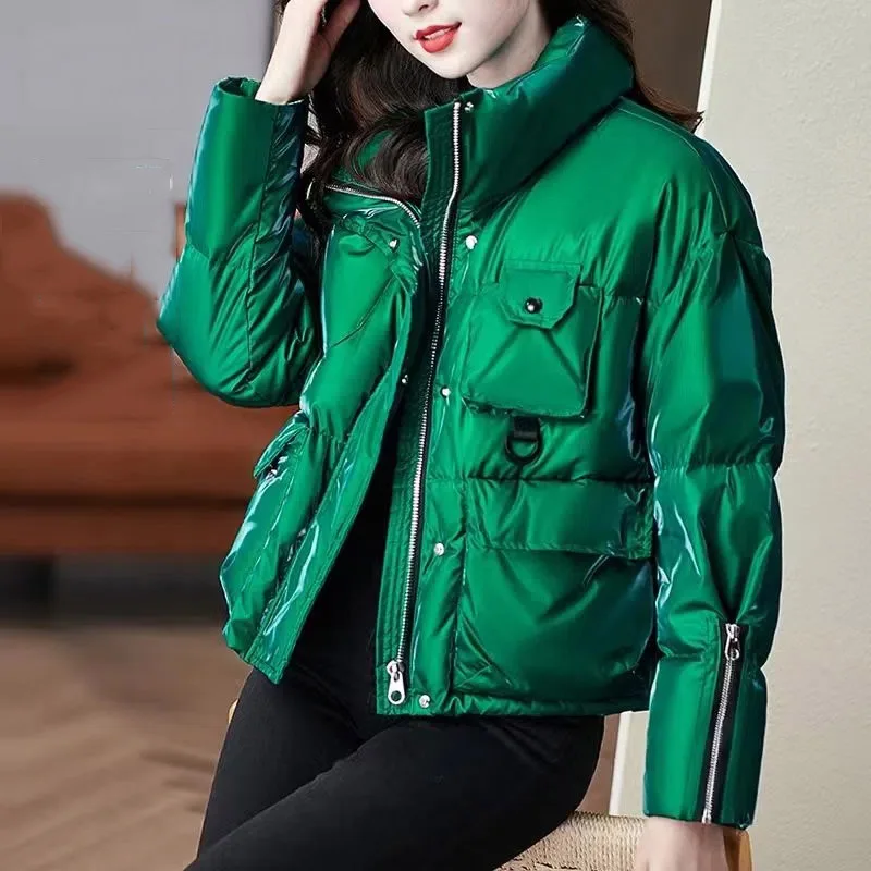 

2023 New Shiny Short Down Jacket Parker Fashion Winter Coat Women's Cotton Coat Thicken Keep Warm Stand Collar Casual Outerwear