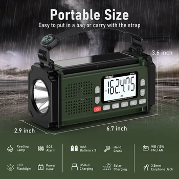PRUNUS 924 10000mAh Hand Crank Radio, AAA Batteries Powered Emergency Radio Solar, NOAA Weather Radio AM/FM/SW Power Bank Light 3