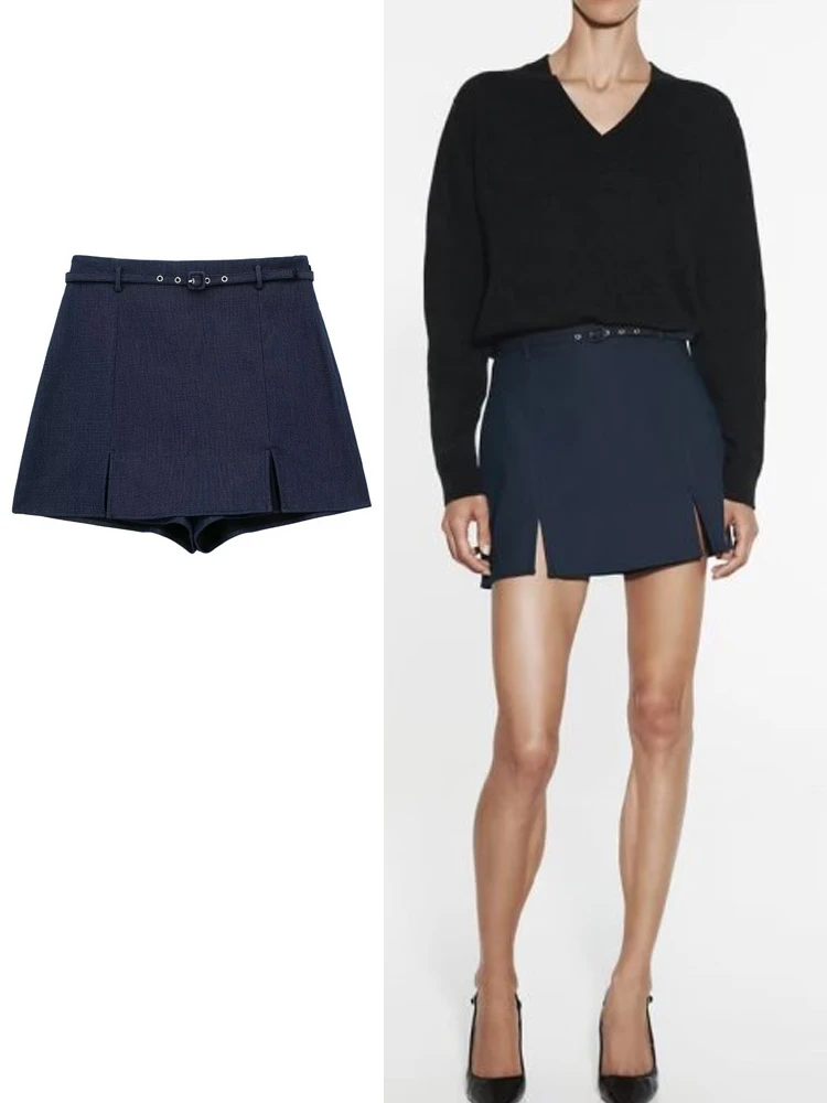 

TRAF 2023 New Summer Bermuda Women Fashion With Belt Shorts Vintage Female Casual Solid High Waist Shorts Skirts Mujer