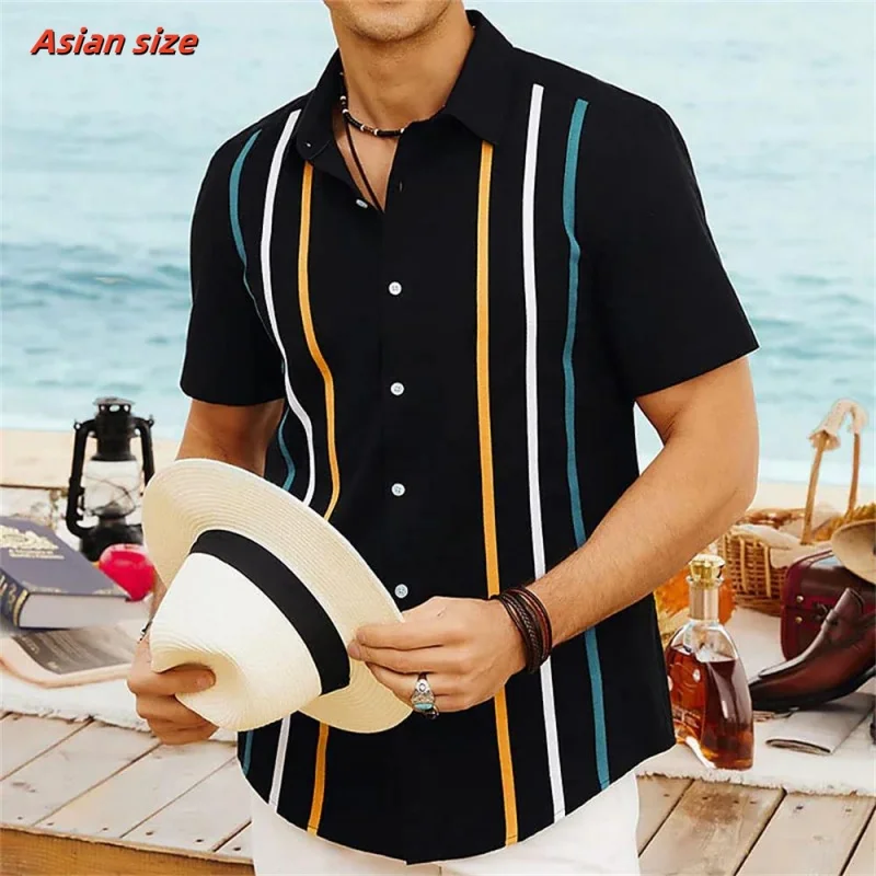 Men Colorful Stripe Pattern Hawaiian Shirt Color Block 3D Print Blouse Short Sleeve Street Oversized Lapel Tops Aloha Shirts