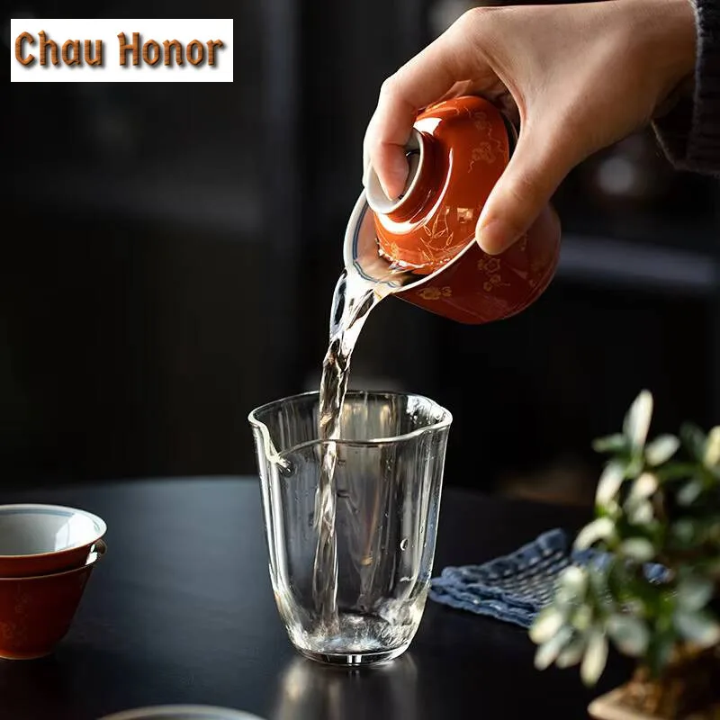 110ml Antique Alum Red Bronzing Plum Bamboo Pine Covered Bowl Tea Cup Household Ceramic Gaiwan Kung Fu tea set Tea Ceremony Gift