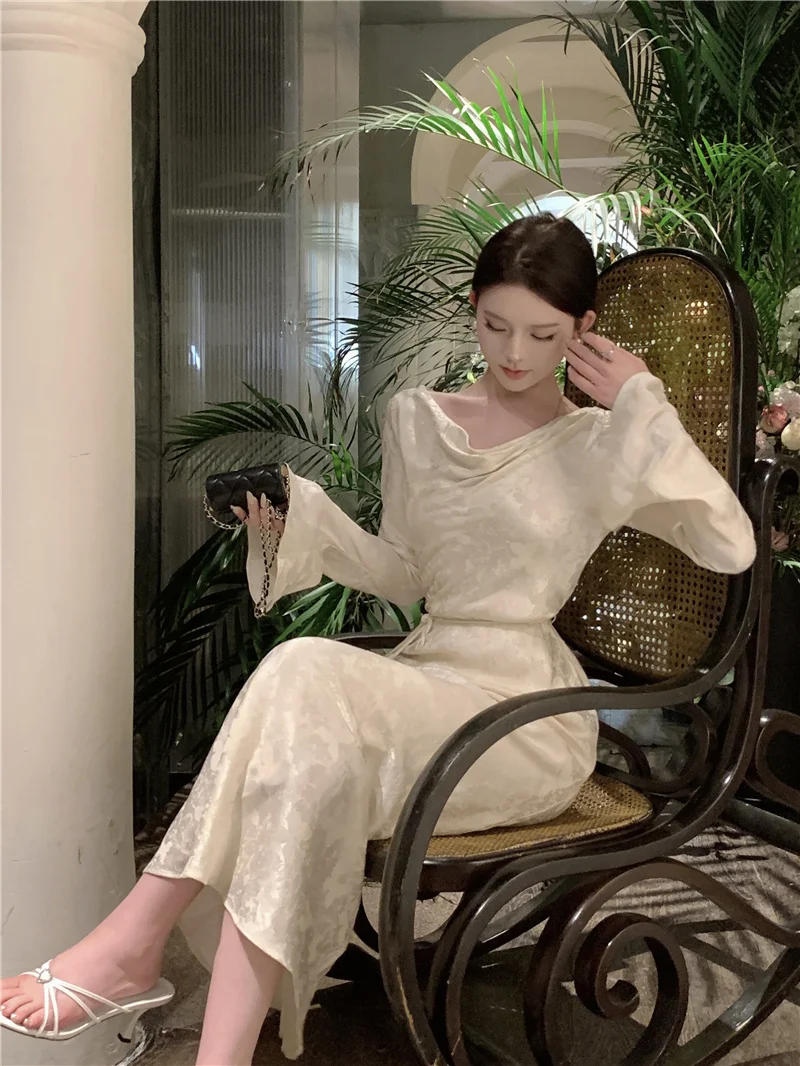 Autumn Bodycon Wedding Evening Dresses for Women Flare Sleeve Swinging Collar French Vintage Prom Robe Midi Vestidos Mujer New