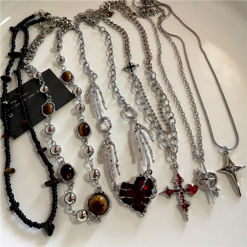 Cross Heart Red Stone Hand Bone Pendants Choker Chain Cross Heart Red Stone Hand Bone Pendants Choker Chain