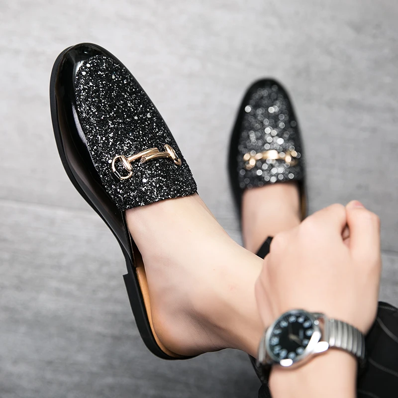 Fashionable retro men's half shoes Comfortable Walking Shoe Casual Brand designer style black Color Sequin outdoors summer