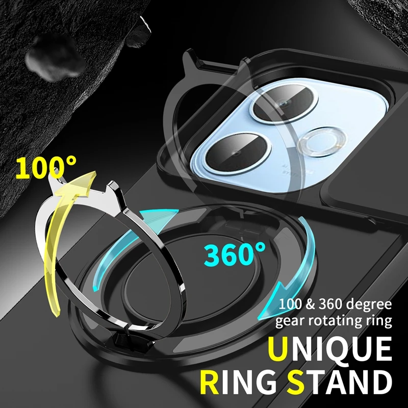 Slide Camera Lens Armor Phone Case with Magnetic Holder Ring and Protective Cover
