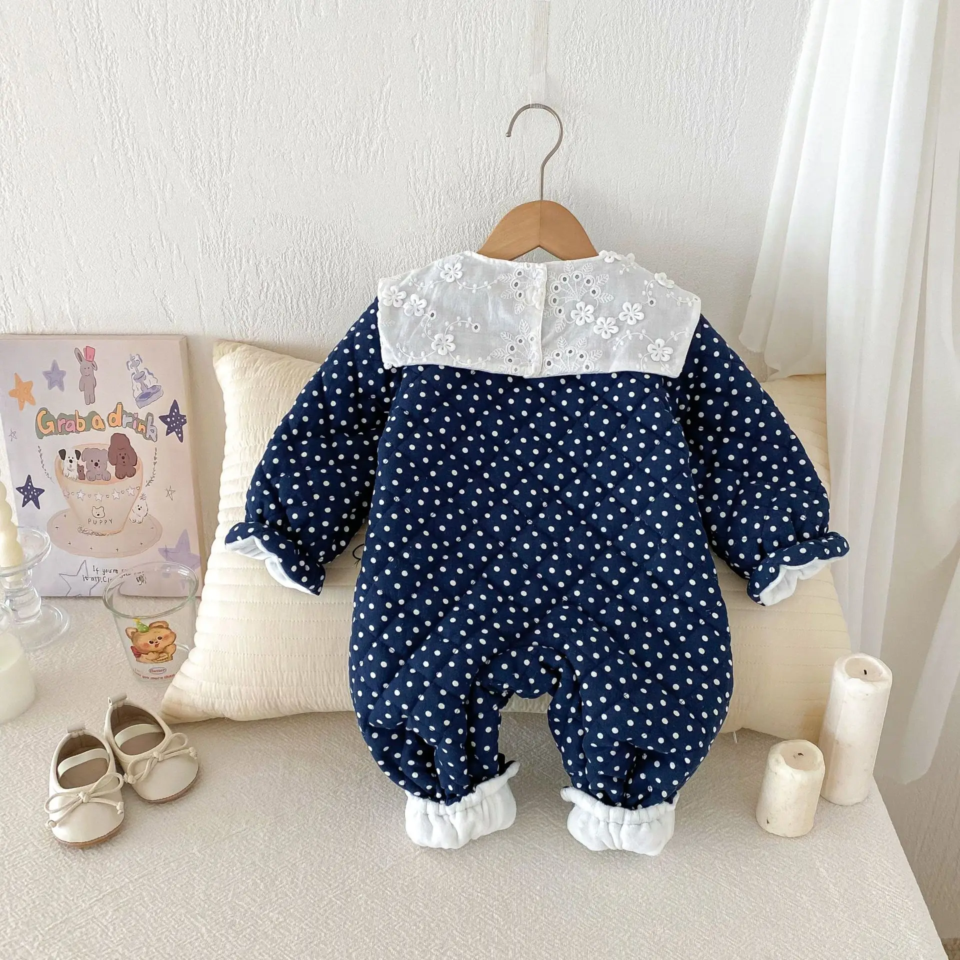 Winter Newborn Infant Baby Girls cotton princess polka dots thick lapel crawl Kids Onepiece Fashion Baby Clothing