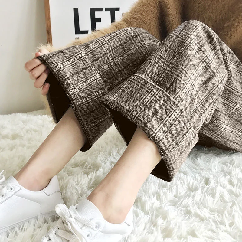 Women Stripe Wide Leg Pants 2023 Fall Winter High Waist Loose Ankle-Length Pants Office Lady Vintage Straight Pantalones Stretch