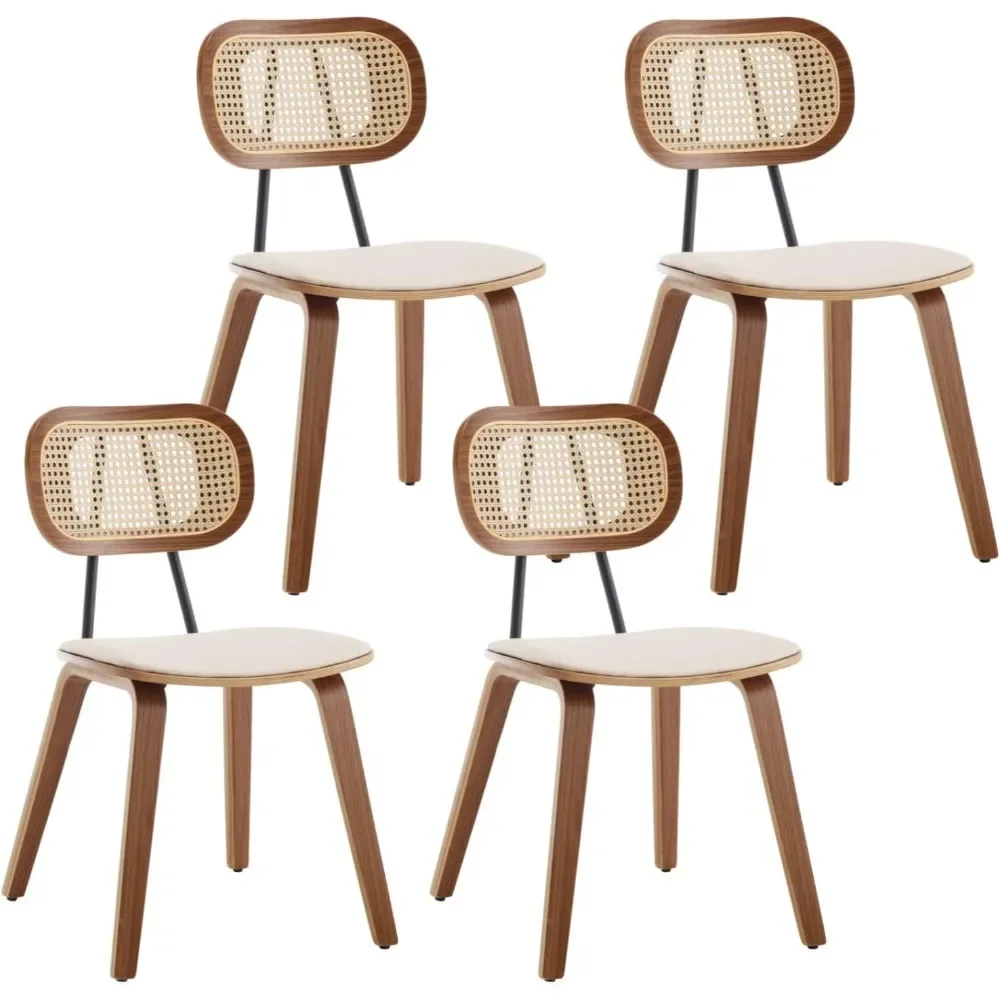 Modern Dining Chairs Set of 4,Upholstered Faux Leather Dining Room Chairs with Rattan Backrest and Wood Legs,Armless Wood Chairs 6