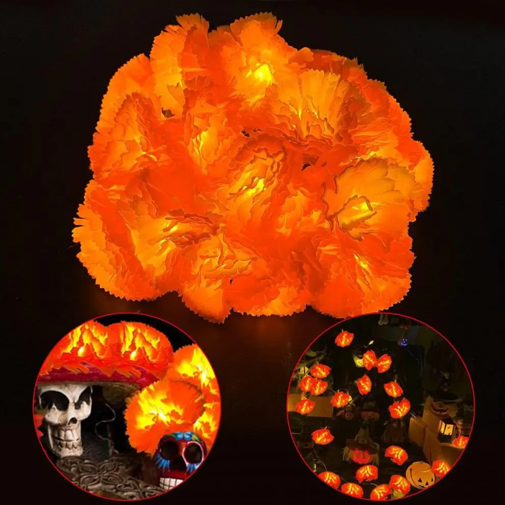 1,5 m lange orangefarbene Ringelblumengirlande mit LEDs für den Tag der Toten, Halloween, Diwali, Weihnachtsfeier, Heimdekoration – Detail 3