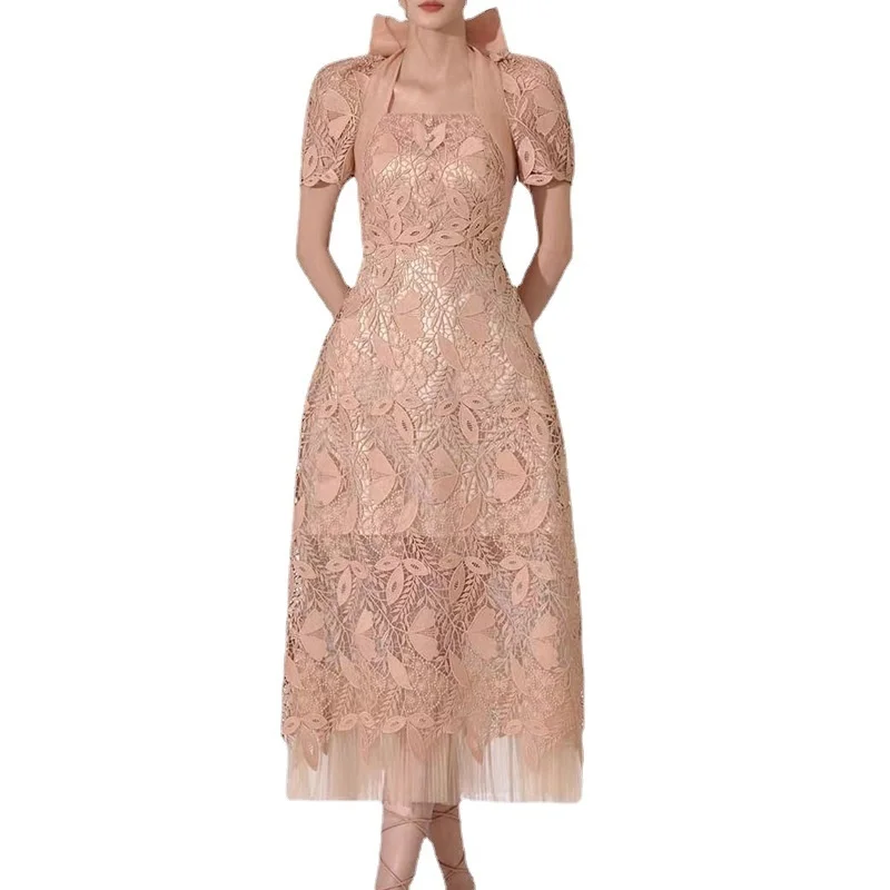 

Women Dress Lace Embroidery 2023 Summer Autumn Short Sleeve Tulle Bodycon Halter Midi Long Dresses Lady Fashion Quality Outfits