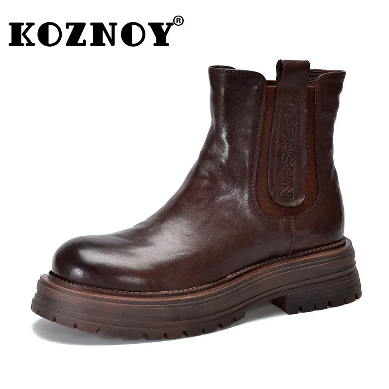 

Koznoy 4.5cm British Cow Genuine Leather Fashion Flats Chelsea Chimney Ankle Boots Elastic Band Ladies Women Autumn Spring Shoes