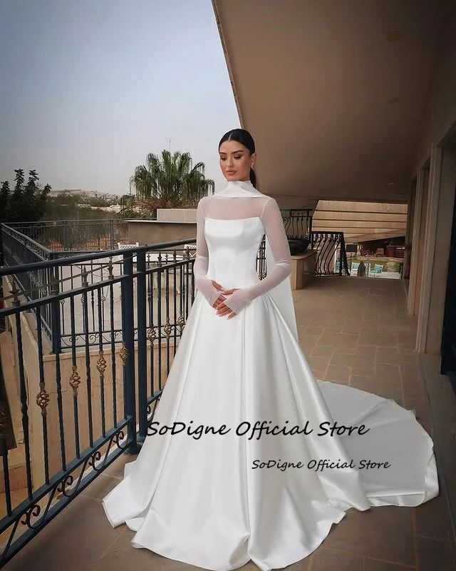SoDigne A-line Satin Wedding Dresses High Neck Full Sleeves Bridal Dress Simple Long Wedding Gown Robe De Mairee ﻿Customized 3