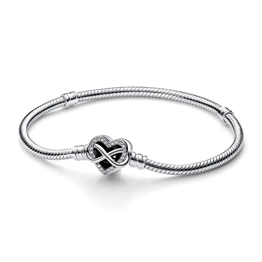

925 Sterling Silver Moments Sparkling Infinity Heart Clasp Fashion Snake Chain Bracelet Fit Women Bead Charm Gift DIY Jewelry