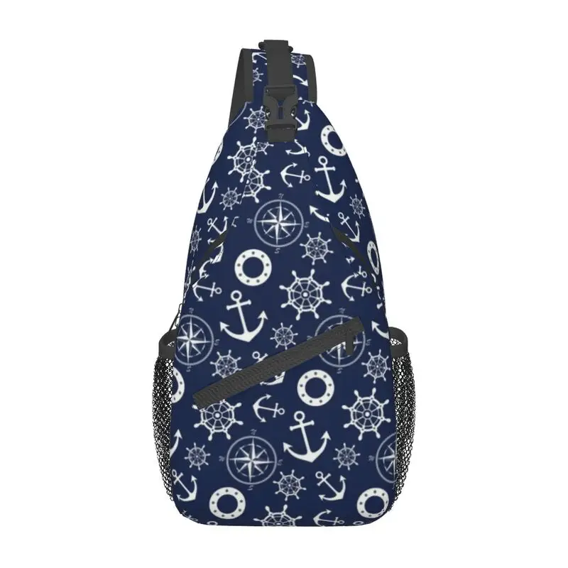 

Navy Blue Nautical Wheel Anchor Sling Chest Bag Custom Crossbody Shoulder Backpack for Men Travel Hiking Daypack