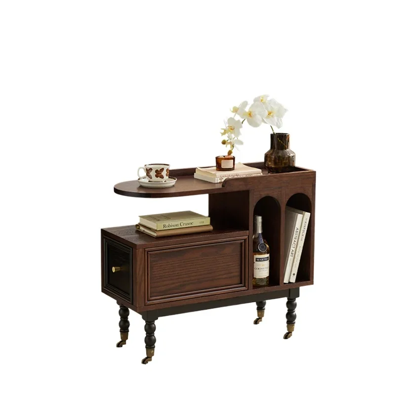 French retro solid wood movable trolley antique living room sofa side coffee table