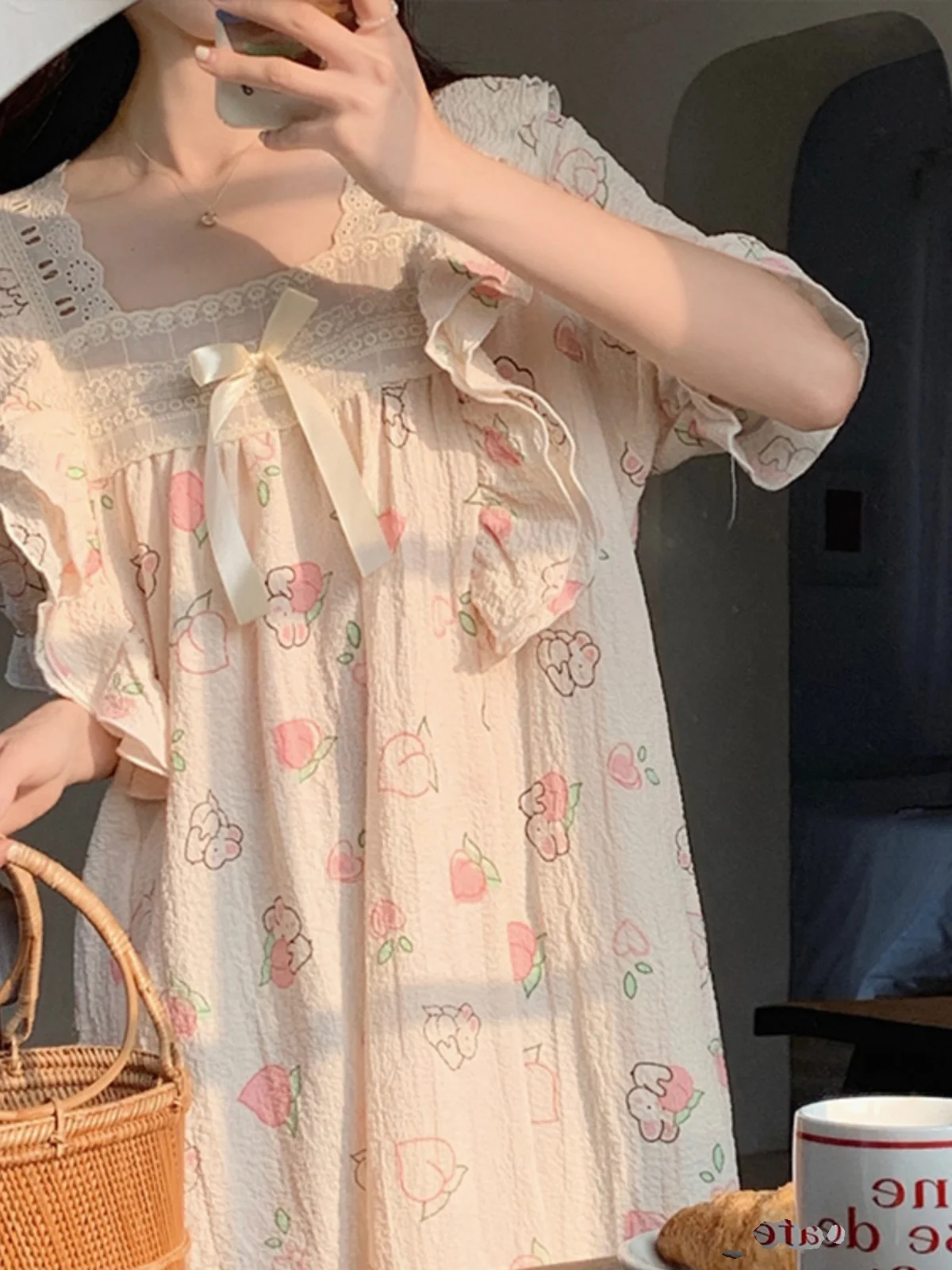 공주 스타일 순수 코튼 여름 잠옷 반팔 느슨한 여성 드레스 달콤한 귀여운 홈 의류 잠옷