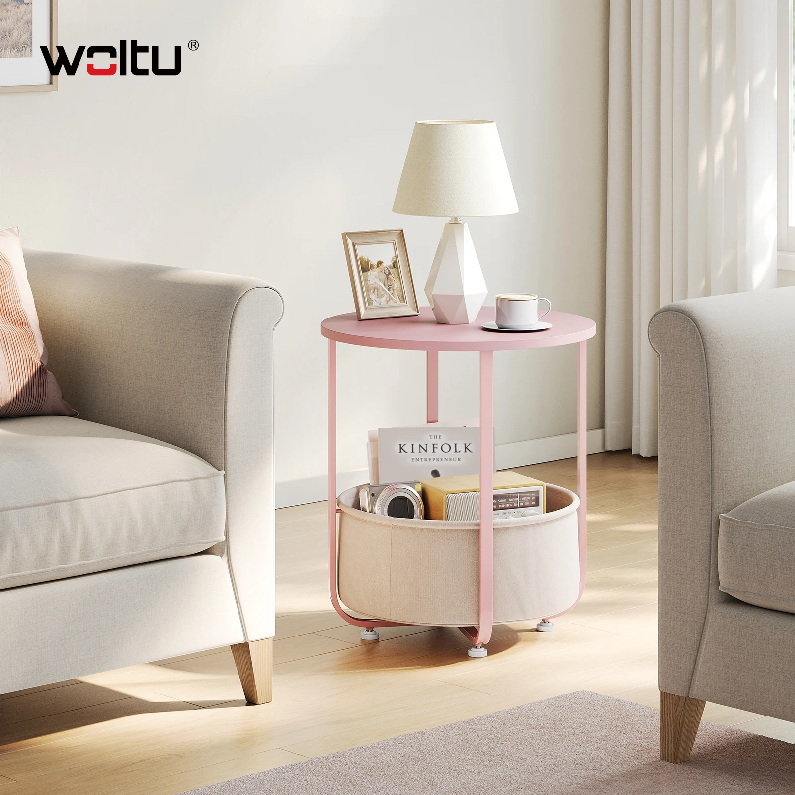 WOLTU Runder kleiner Couchtisch, Beistelltisch mit Stoff-Aufbewahrungskorb, Metallrahmen, Nachttisch, modern, für Wohnzimmer, Schlafzimmer – Detail 31