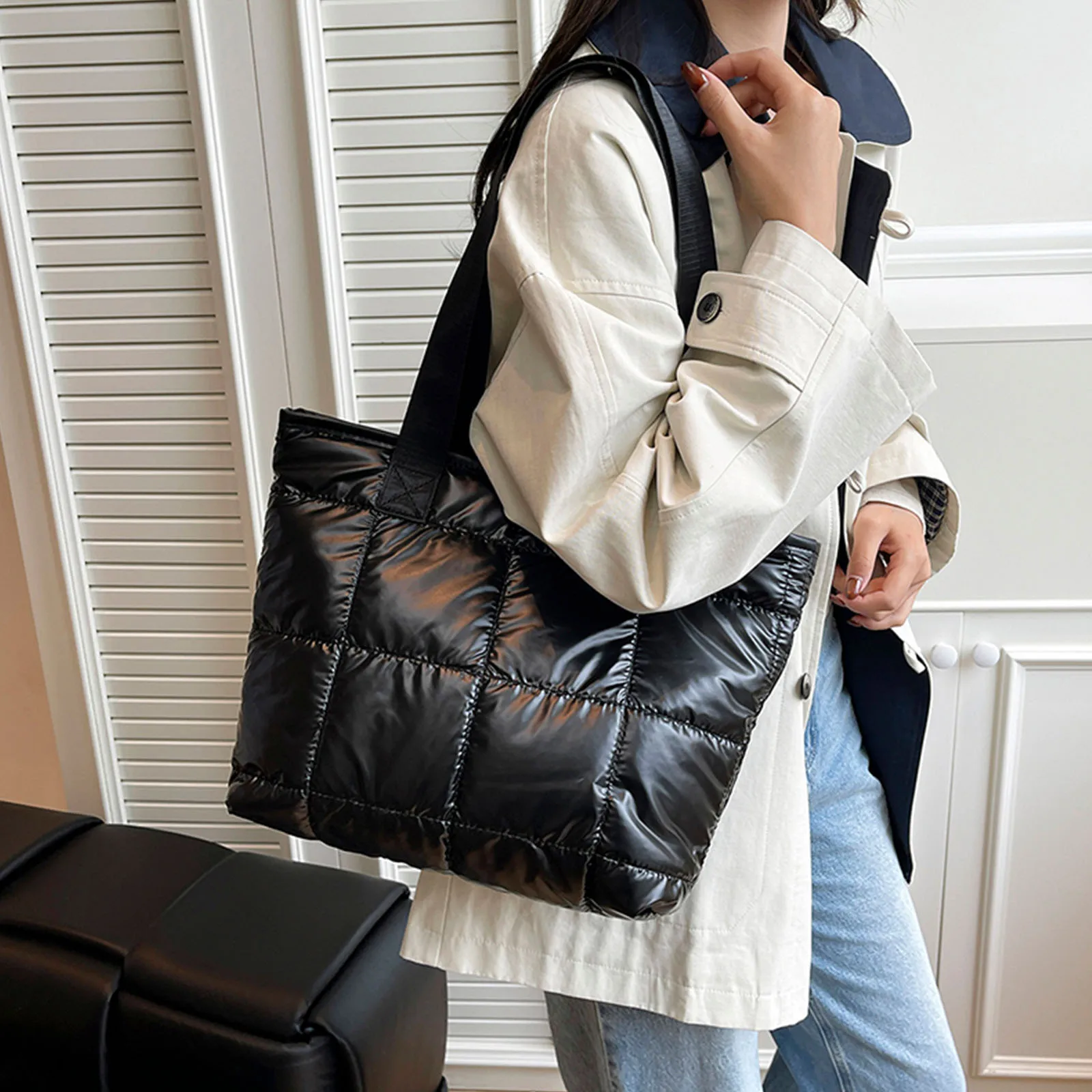 Women Cotton-Padded Quilted Underarm Bag Large-capacity Embroidery Thread Commuter Bag for Office Shopping Travel & Daily Use