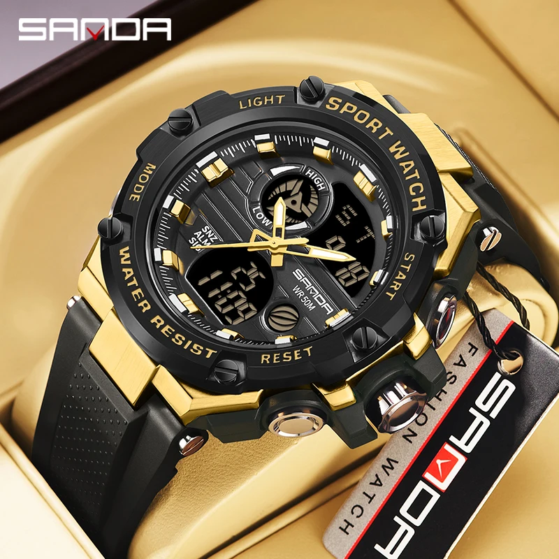 

SANDA 2023 New G style Mens Watch Dual Display Electronic Quartz Watch Outdoor Sports 50M Waterproof LED Digital Date Watch 3196