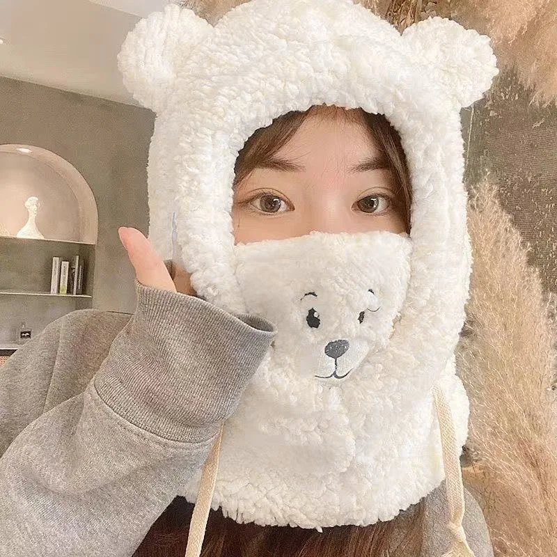1PC Scarf Hat Warm one-piece Hat Bear Winter Students lamb's Wool Korean Version Of The Hooded Mask Plush Cap winter hat