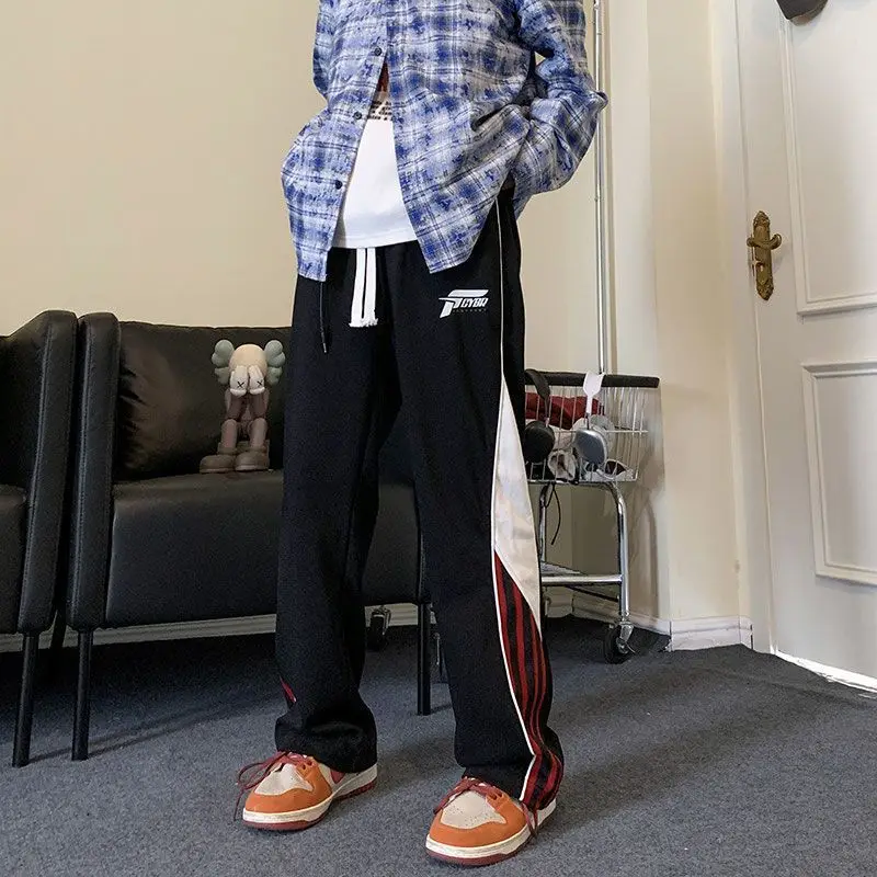 American High Street Loose Straight Wide Leg Pants Men's Autumn Contrasting Stripes Drawstring Pockets Patchwork Sports Trousers