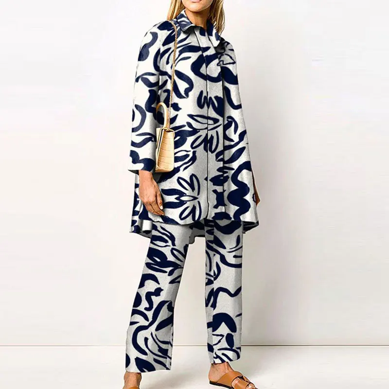 

Loose Matching Straight Trousers Suit Women Elegant Streetwear Women&#39s Two Piece Sets Autumn Printed Shirt Pants Set
