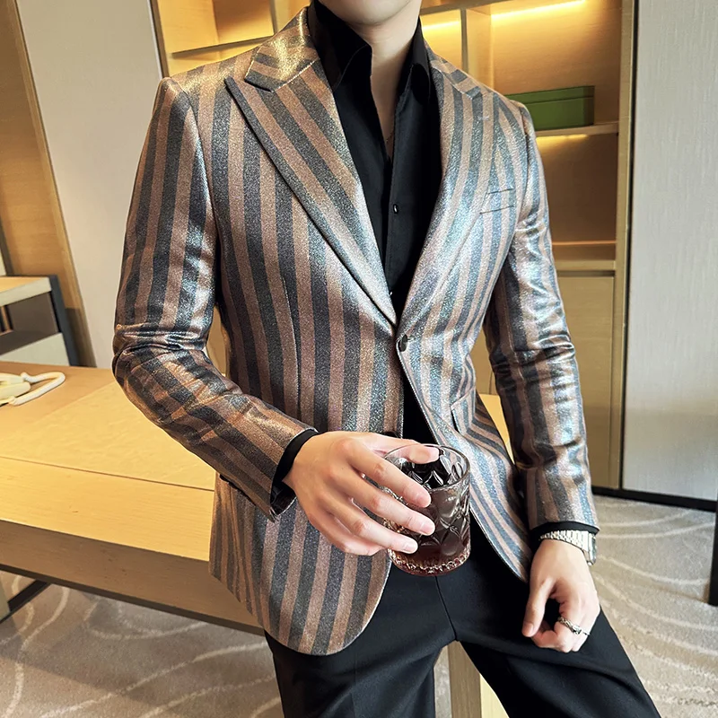 Striped Suede Suit Jacket Men Slim Fit Casual Business Blazers Korean Version Wedding Banquet Formal Jacket