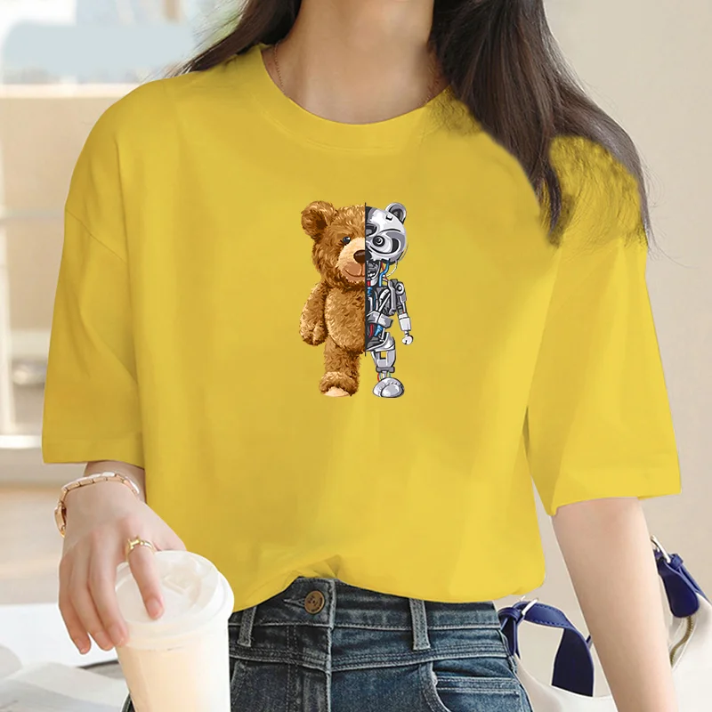 Funny Teddy Bear Robot Tshirt Robotic Bear Men Short Sleeve Fashion Casual Clothing Summer Cotton Tees Oversized Street T-Shirts