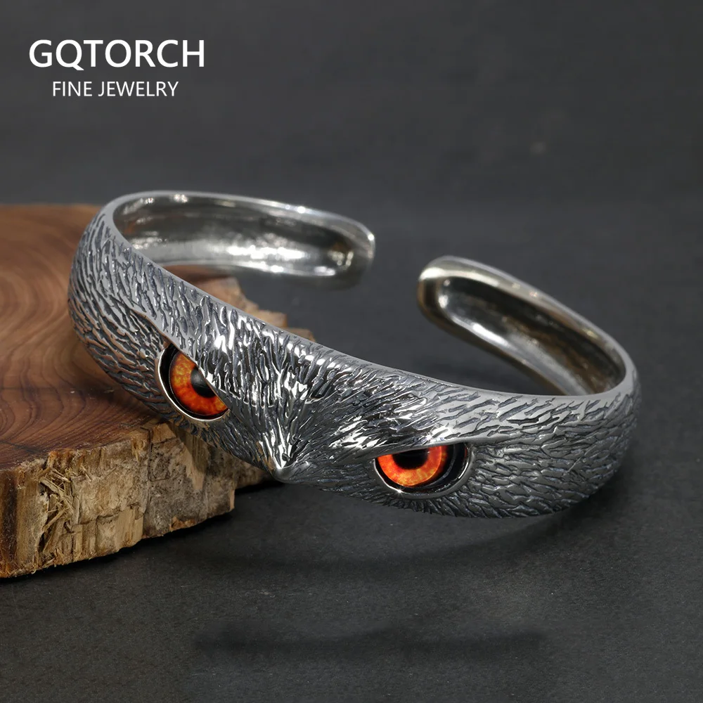 

Real 925 Sterling Silver Owl Bangles for Men And Women With Red Evil Eyes Retro Punk Jewelry Cuff Bracelets Fashion Accessories