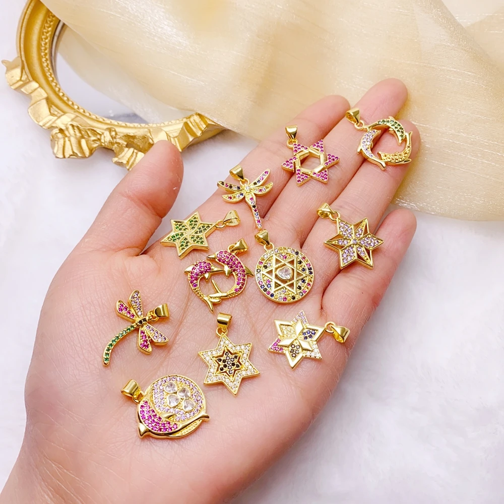 Juya 18K echt vergoldeter Davidstern Libelle Leopardenkopf Skorpion Delphin Liebe Herz Blume Griechischer böser Blick Charms Zubehör – Detail 9